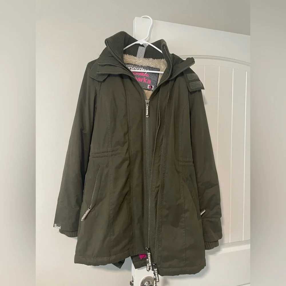 Superdry Olive Green Wind Parka with Faux Fur Hood - Picture 3 of 12